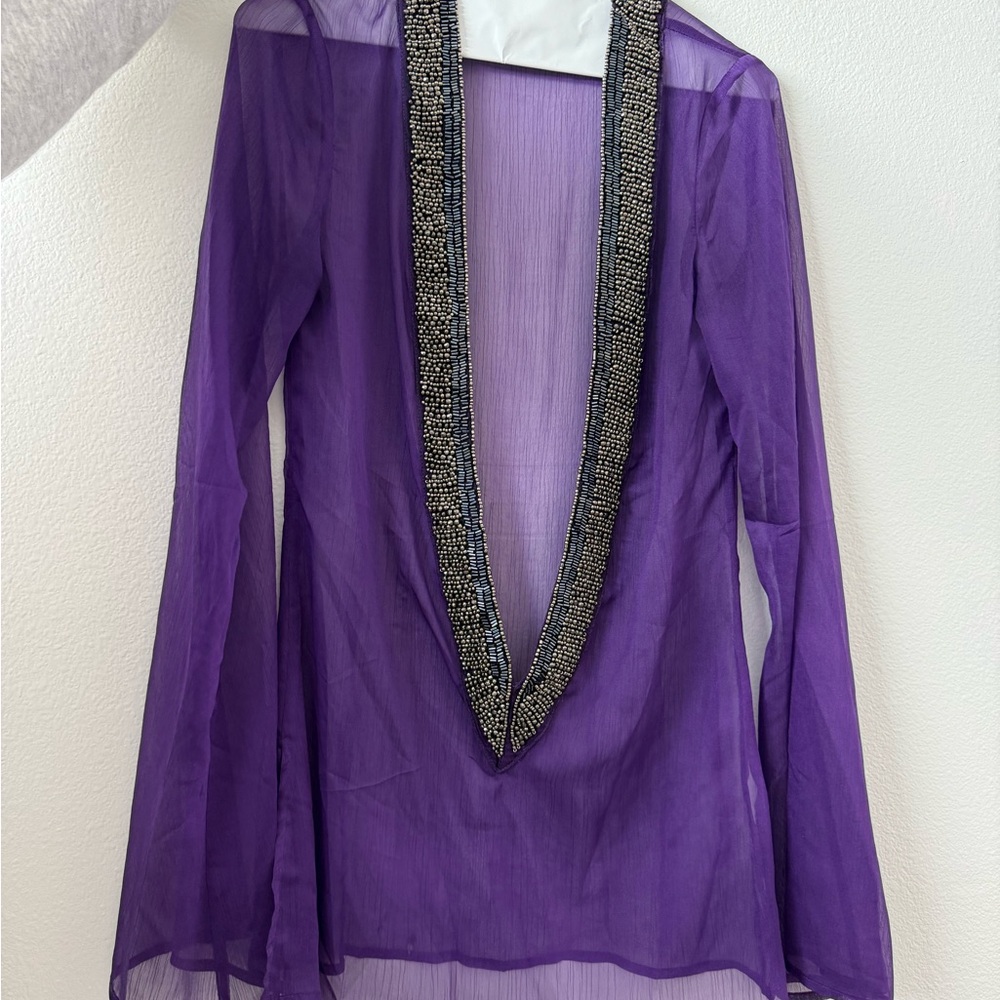 Jaded London Sheer Beaded Deep V Tunic - Purple